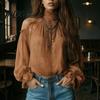 Legere Blusen Damen Herbst Cold Shoulder Shirt, Vintage Ethno-Print Hoher Weicher Hemdkragen Bluse, Rüschen Laternenärmel Oberteil Lang