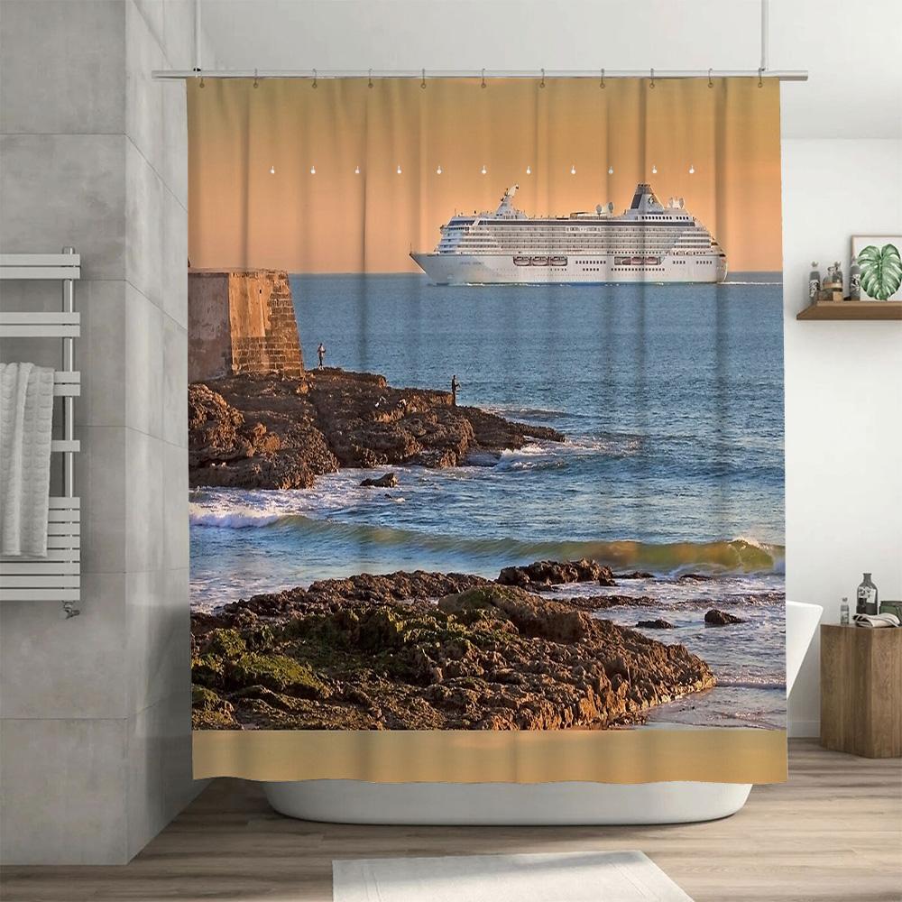 Coastal Ocean Landscape Shower Curtain Beach Sunset Nature Sea View Decor Bathroom Set Waterproof Artistic Home Textile