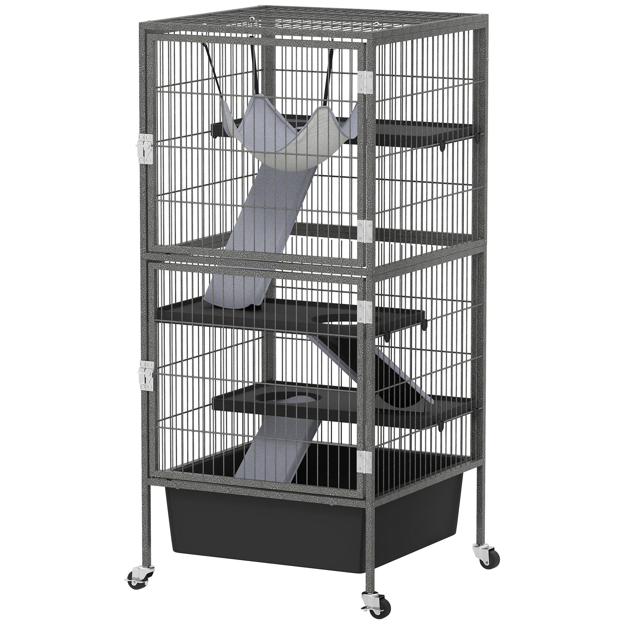 Cage pour petit animal 4 niveaux Cage pour rongeur avec bac amovible Rampes Hamac Roues Plateformes 52x52x115 Cm Gris