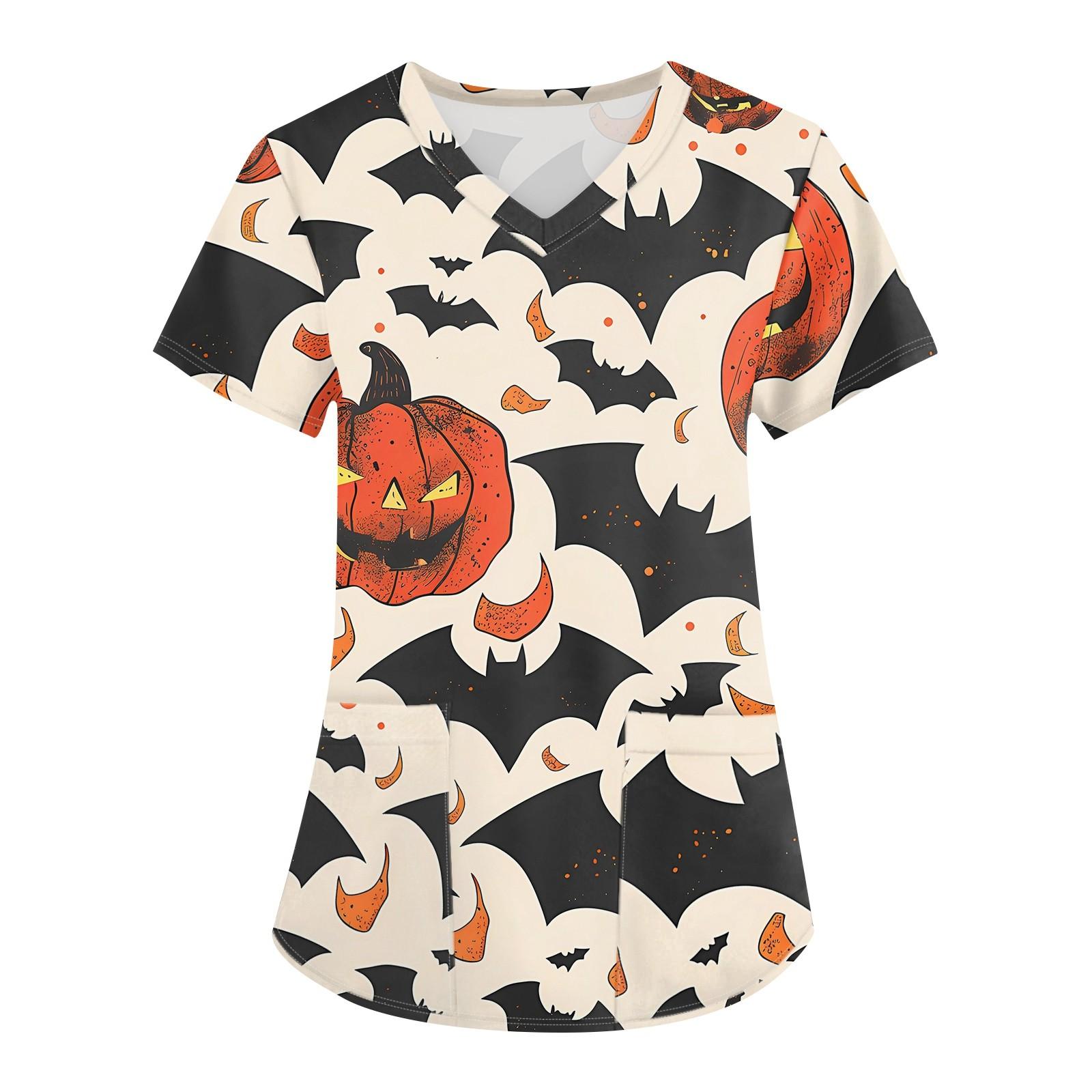 

Женская мода V-образным вырезом с короткими рукавами и карманами Топы с принтом на Хэллоуин M хаки