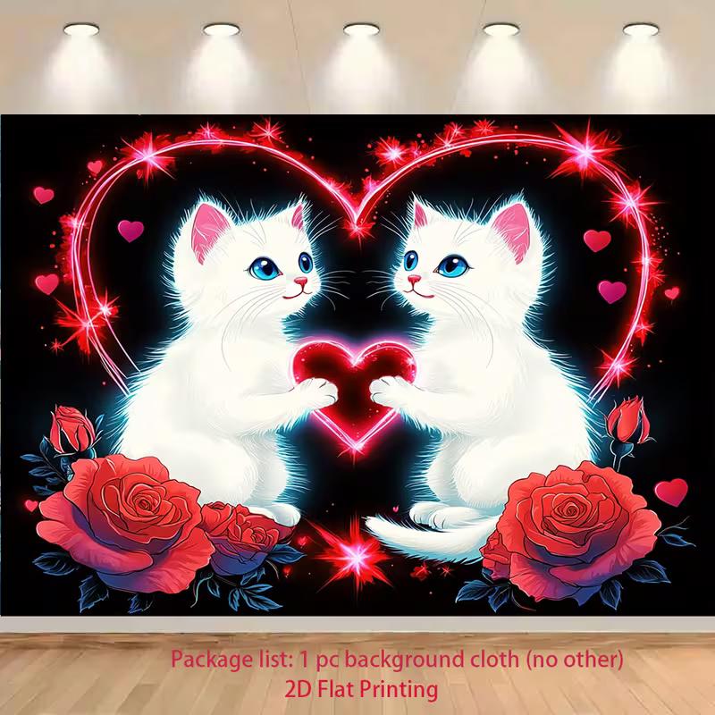 2D Black Valentine Cat Backdrop, White Kittens & Red Roses Background Cloth 47.2x31.5inch/120*80cm