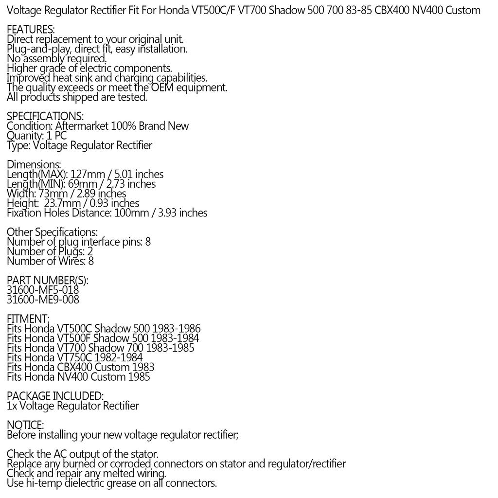 Voltage Regulator Rectifier for Honda VT700C VT500 C/F Shadow NV400 CBX400 83-86