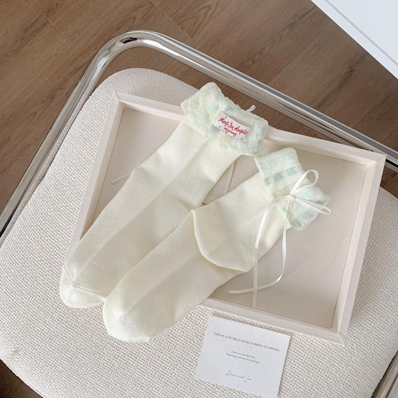 

5pair Flip Socks Women S Jk Plaid College Wind Bud Mouth Medium Tube Socks Spring Cloth Label Ribbon Bow Small White Socks Women One size fits all зелений