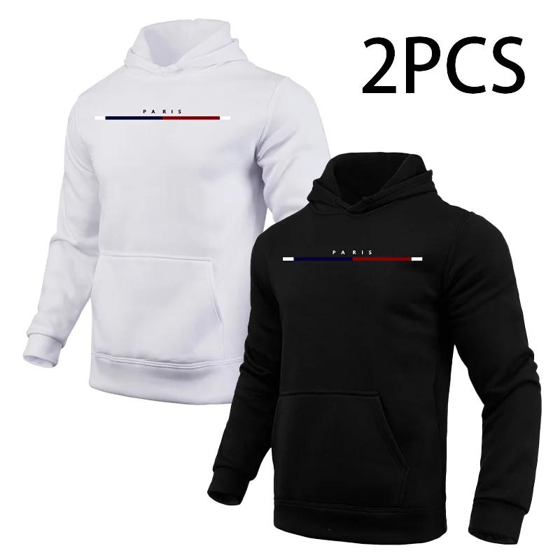 Paris Print Hoodie for Man 2pcs of 1pack Autumn Winter Daily Casual Sporty Jogging Sweatshirt Home Outdoor Comfort Warm Pullover