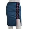 European and American Women's Black Faux PU Leather High Waist Eyelet Midi Skirt