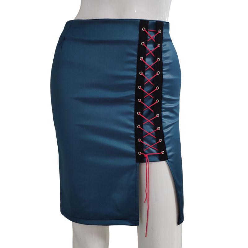 European and American Women's Black Faux PU Leather High Waist Eyelet Midi Skirt