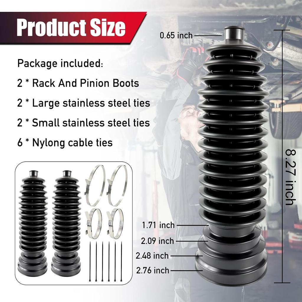 Upgrade 2PCS Tie Rod Boot Rack And Pinion Boot Kit,Thickened Neoprene Rubber Materia,With 4 Stainless Steel Clamps & 6 Cable Ties, Universal Inner