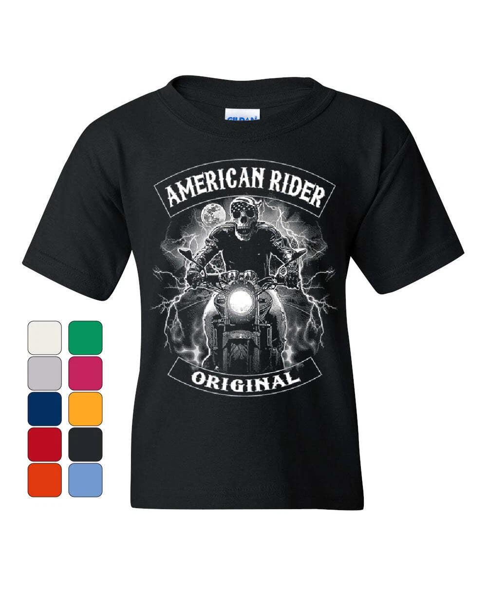 Original American Rider Youth kids boys T-Shirt Skull Face Route 66 Biker MC Kids Tee 140