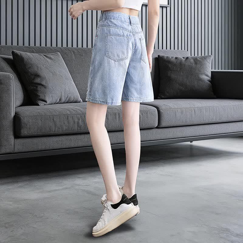 Women's Embroidered Washed Wide-leg Denim Capri Pants