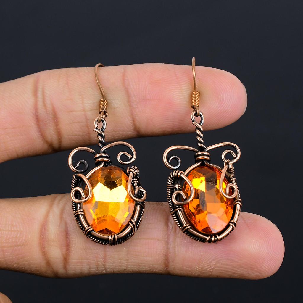 Citrin Ohrringe, 999 Kupferdraht umwickelter Edelsteinschmuck, Handgefertigte Ohrringe, Für Thanksgiving