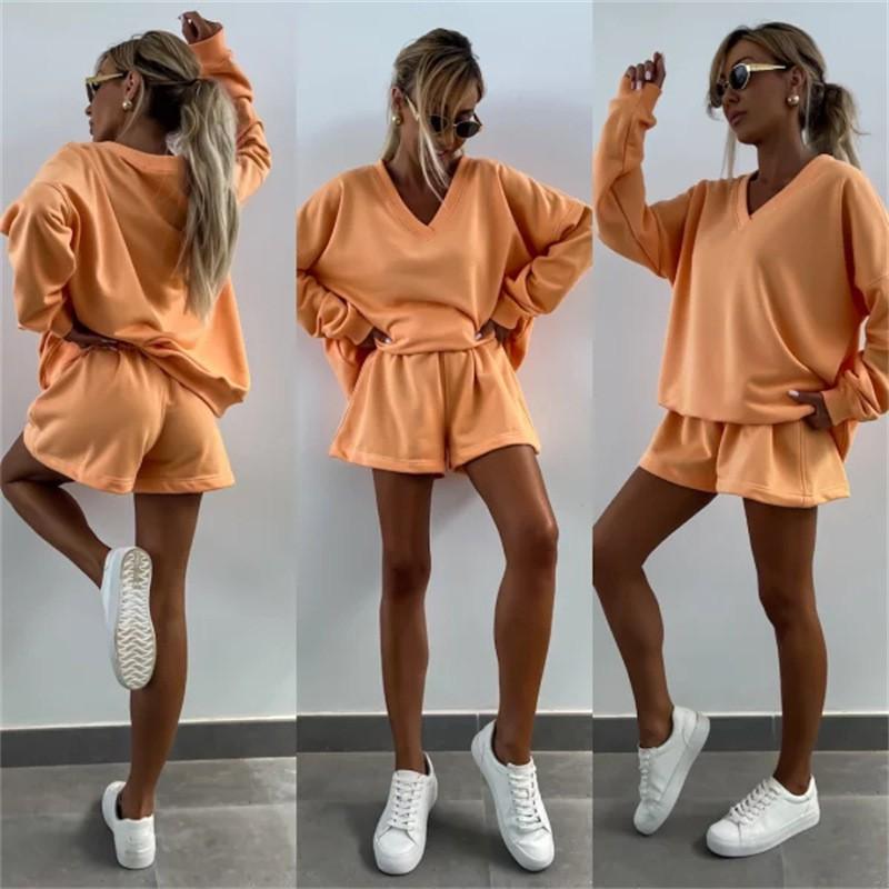 Womens Casual Striped 2-Piece Set Long Sleeve V-Neck Loose Top Cropped Shorts Streetwear Outfit