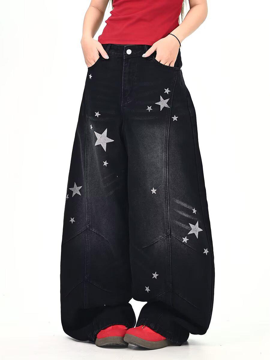 

Women s Autumn Star Print Distressed Wide-Leg Jeans - Trendy, Casual, Hip-Hop Style 2XL