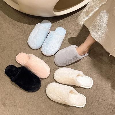 Flat Fluffy Fur Slippers Women Covered Round Toe Solid Soft Furry Slippers Women Winter Flip Flops Slis Indoor Floor Shoes