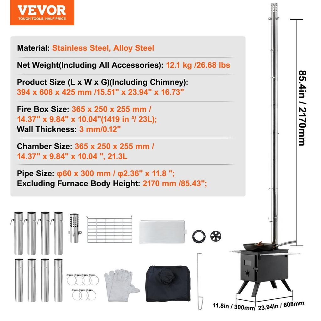 Wood Stove, 86 Inch, Alloy Steel Camping Tent Stove, Portable Wood Burning Stove with Chimney Pipes & Gloves, 1400in³Firebox Hot Tent Stove for