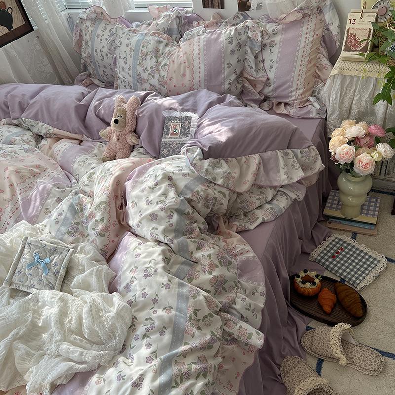 Floral Bedding Set Four-piece Romantic Skin-friendly Breathable Comfortable Washed Sheets Quilt Cover Pillowcase