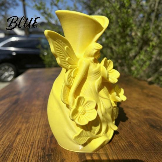 Nordic Style Vase 3D Printed Fairy Garden Sculpture Vase, Fantasy Flower Pot with Cream Yellow Statue, Dual-Use Holder for Desktop Entryway & Creative