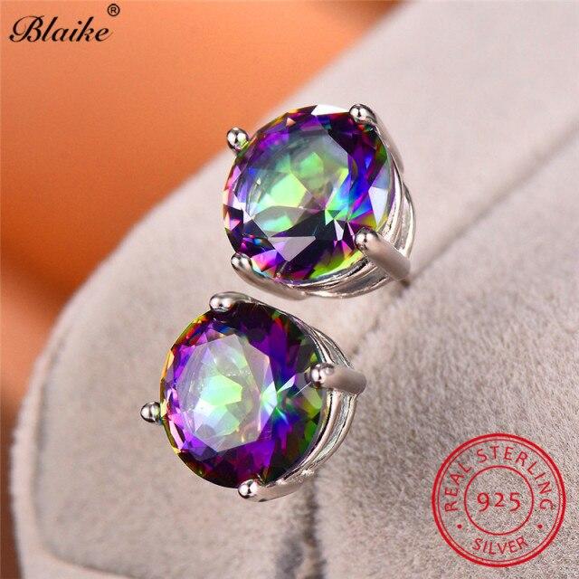 

Blaike Real S925 стерлингового серебра круглые серьги-гвоздики для женщин мужчин черный зеленый синий желтый розовый фиолетовый циркон радужные серьги