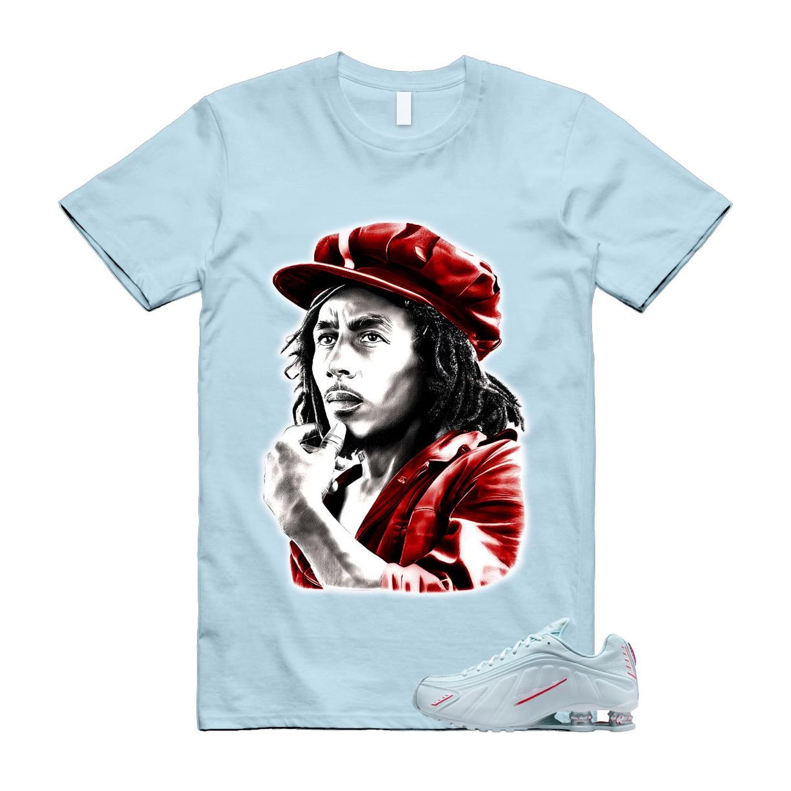 Shox R4 Puerto Rico Glacier Blue White University Red T Shirt Match MARLEY 4XL