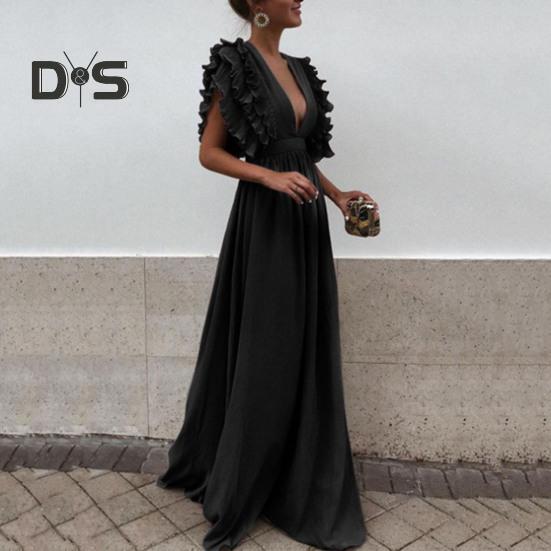 Dámské večerní šaty Nízký střih s výstřihem do V s létajícími rukávy Vrstvený nařasený plisovaný vysoký pas Jednobarevné Jednobarevné Šaty na podlahu Prom Cocktail Party Maxi šaty