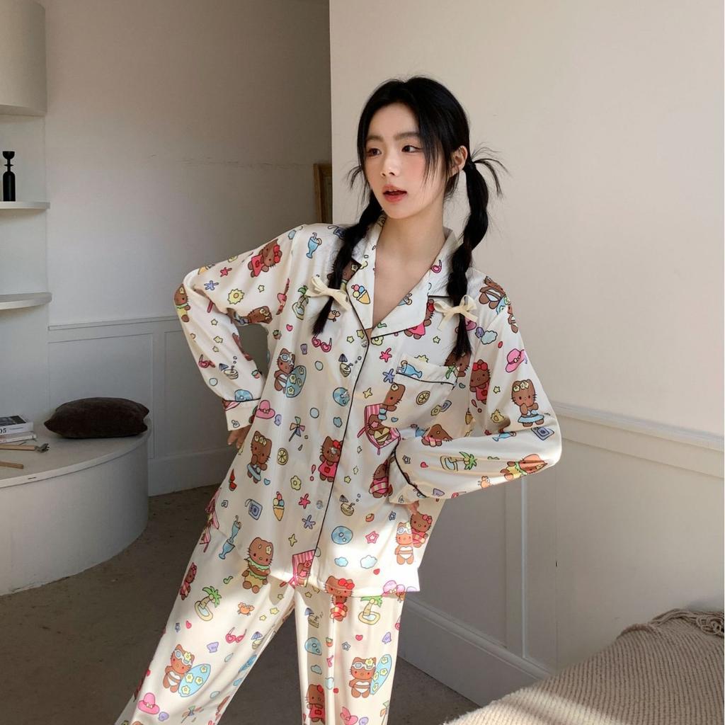 Beach Black Leather Cat Pajamas for Women, Cartoon Sweet and Cool Fairy Style, Simple and Loose Simulation Silk Home Clothing