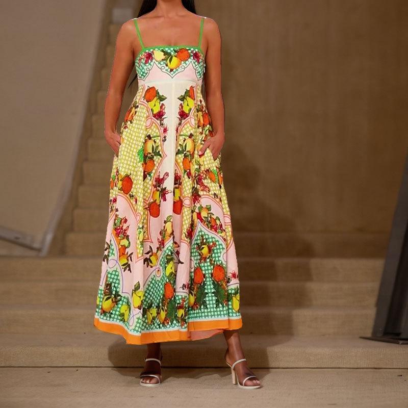 Temperament Fashion European & American Sling Casual Summer Elegant Women's High-Waist Print Dress 2025