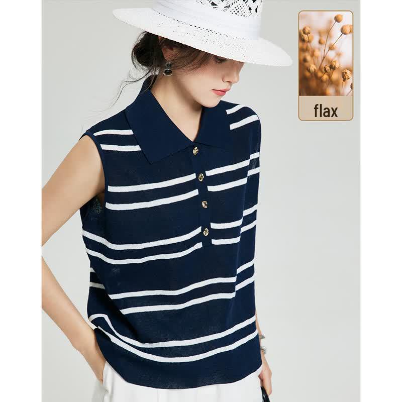 Wudao Women s Linen Blend Striped Sleeveless Vest M