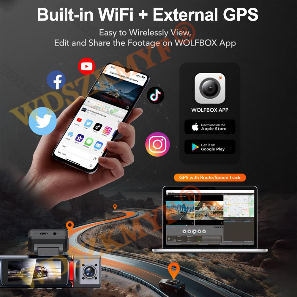 UHD 4K Dash Cam 3 Lens Driving Recorder Car DVR 1080P Rear Lens Camera Built-In WiFi GPS 24-Hour Parking Monitoring Black Box