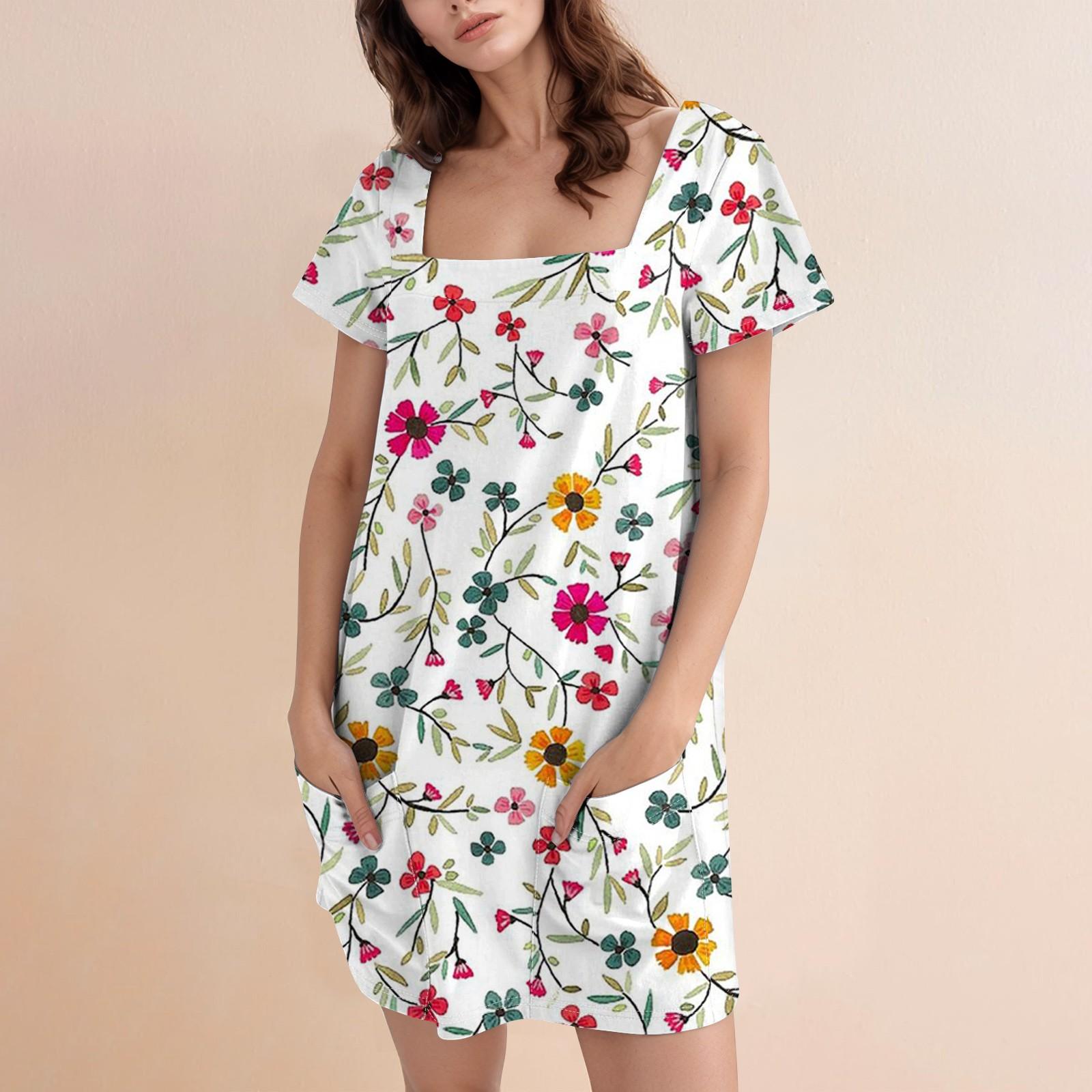

Женская модная юбка с квадратным воротником и коротким рукавом, повседневное платье с цветочным принтом и карманом S
