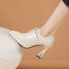 Fashion 2025Women's Coarse Heel Shoes Spring New Pointy Front Lacing Splicing Leather Anti-slip Wear-resistant Low-top Shoes