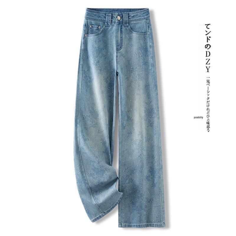 

Женские джинсы с широкими штанинами и стразами - Высокая посадка, винтажный принт, прямые штанины до пола, весна/лето 2025 31/3XL (135-145 jin) светло-синий