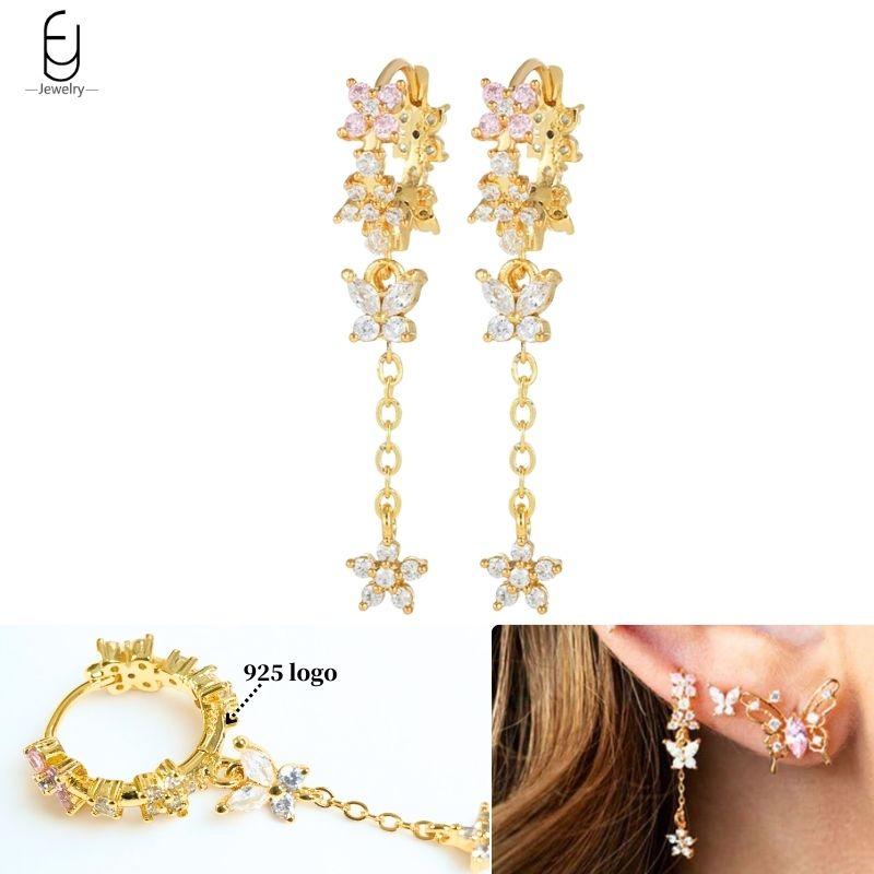 

925 Silver Ear Needle White Crystal Gold Earrings for Women Luxury Water drop/Heart/Flower Pendant Earring Fine Jewelry