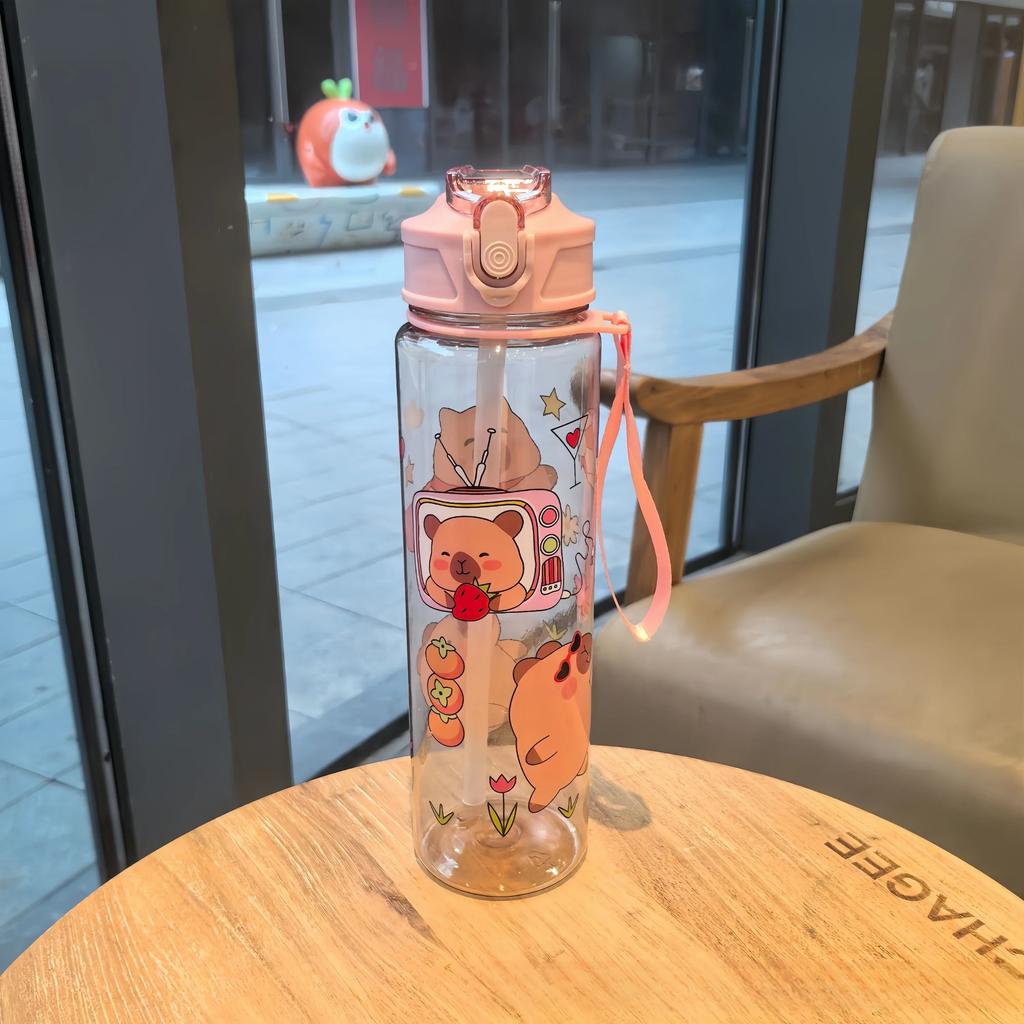 800ML Kids Water Sippy Cup PortableChildren's Plastic Water Cup Creative Cartoon Cup with Straws Leakproof Water Bottle Outdoor