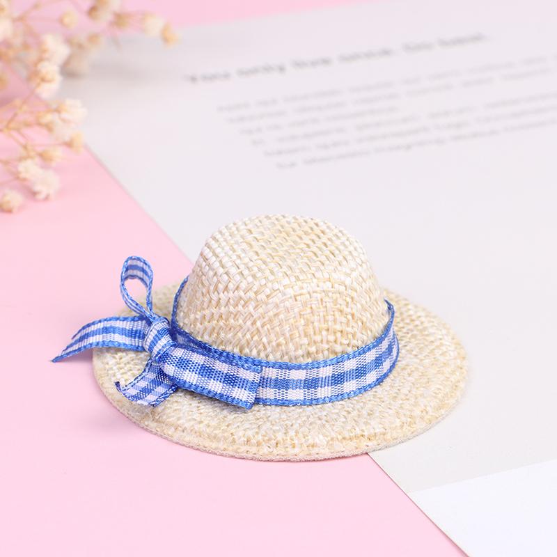 2Pcs Miniature Straw Hat Mini Doll Flocking Bow Hat Doll House Ornament Hand Weaved Dollhouse Accessories ID 3CM OD 6CM