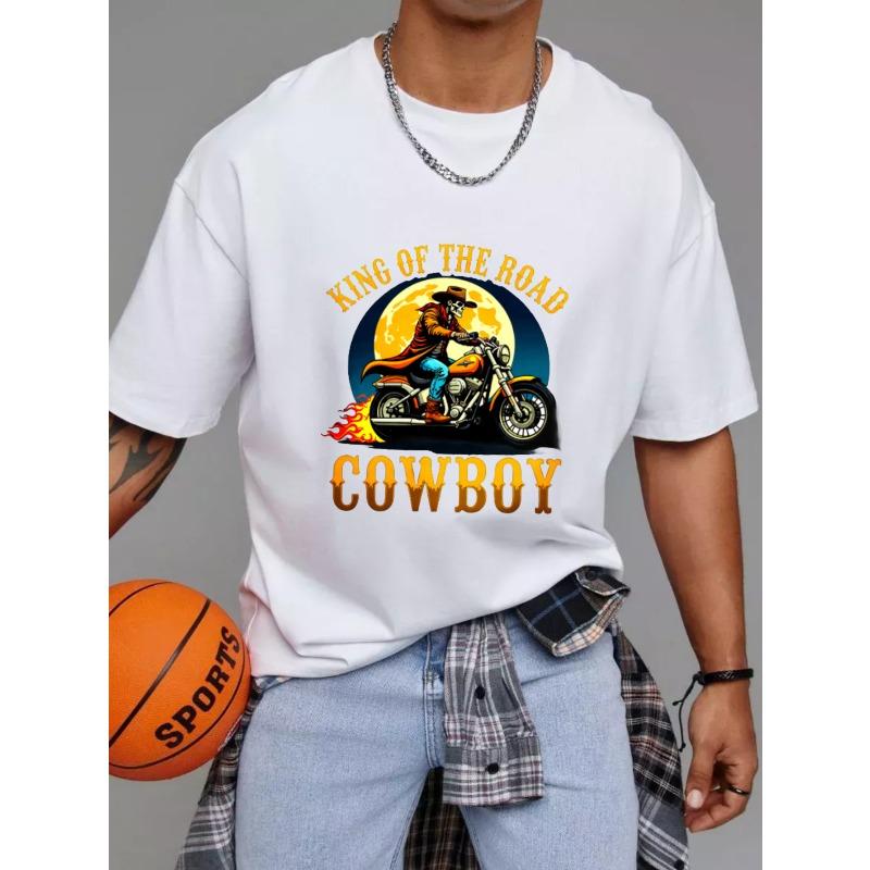 Bílé tričko s kulatým výstřihem King of The Road Kovboj Motocyklový jezdec s grafikou měsíce a plamenů pro běžné nošení