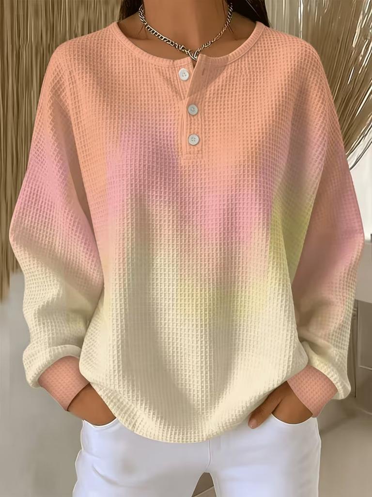 Pullover waffle da donna alla moda con stampa integrale, adatto per l'abbigliamento casual autunnale, top alla moda con mezza abbottonatura, lavabile in lavatrice