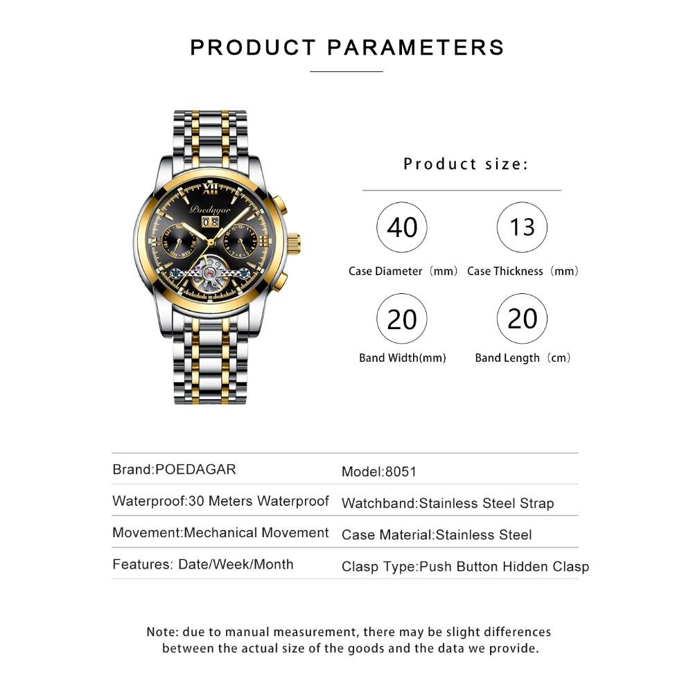 POEDAGAR Automatic Mechanical Watch Men Tourbillon Skeleton Wristwatch Calendar Week Display Leather Strap