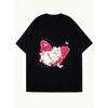 Übergroßes T-Shirt Schwarze Katze mit rosa Flügeln und Schmetterlingsdruck für Freizeitkleidung
