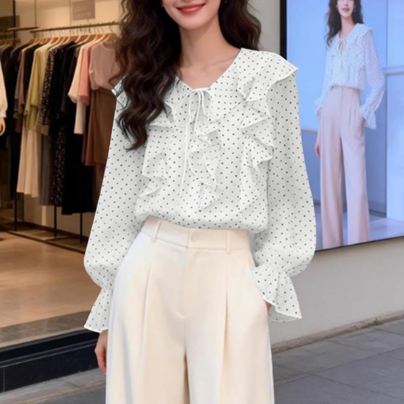 ZANZEA Women Casual Ruffles V-Neck Loose Long Sleeve Polka Dot Print Blouse M белый