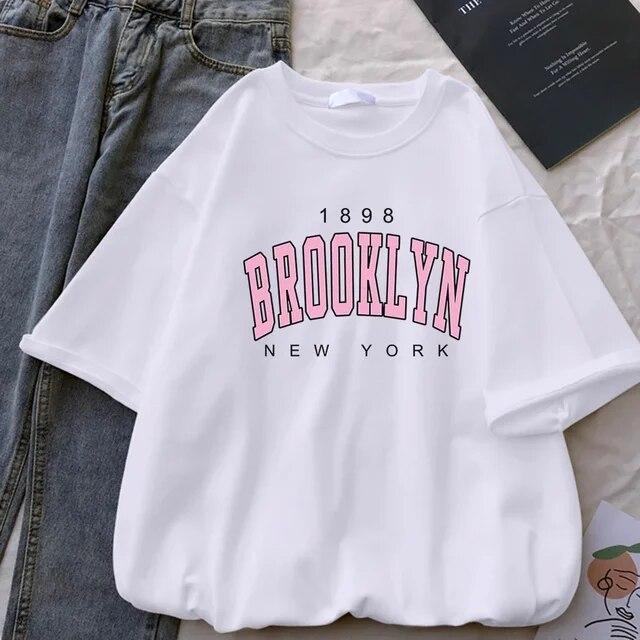 1898 Brooklyn Female New York Harajuku Top Print Ladies T-shirt Casual Basics O-collar Black Shirt Short Sleeve Ladies T-shirts