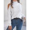 Women's Off-Shoulder High Neck Cable- Sweater - Soft Stretchy Long Sleeve Pullover, Solid Color Casual Chic Fall Winter Top, Highneck Pullover