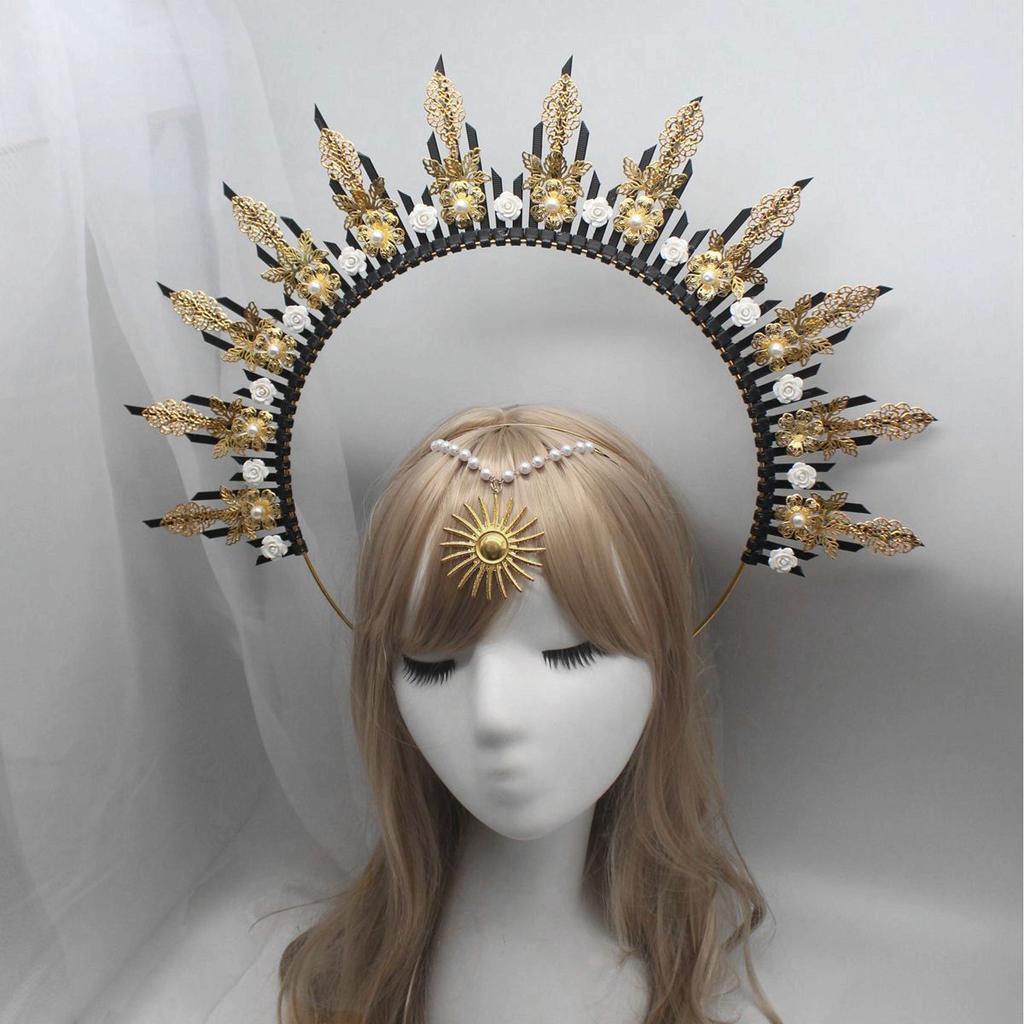 Gothic Lolita KC Halo Crown Headband Gold Leaves Flowers Headpiece Women Sun Goddess Queen Anna Baroque Angel Tiara Accessories