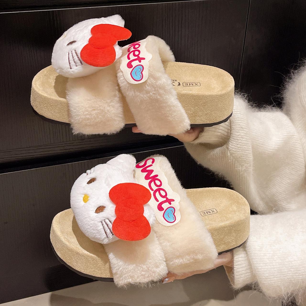 

Модные туфли на платформе Hello Kitty для девочек, пушистые туфли, осенне-зимние, милые мультяшные, для улицы, теплые хлопковые туфли, повседневные хлопковые тапочки 39