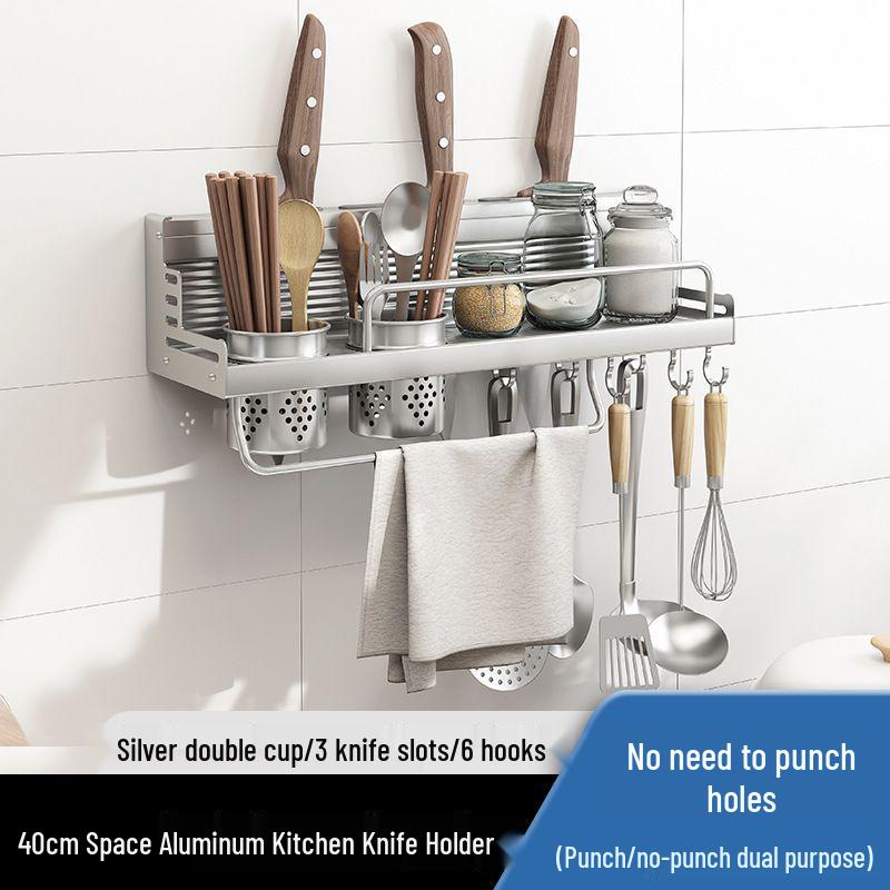 Punch-Free Aluminum Kitchen Wall Organizer: Multifunctional Rack for Utensils, Knives, Seasonings, and Chopsticks