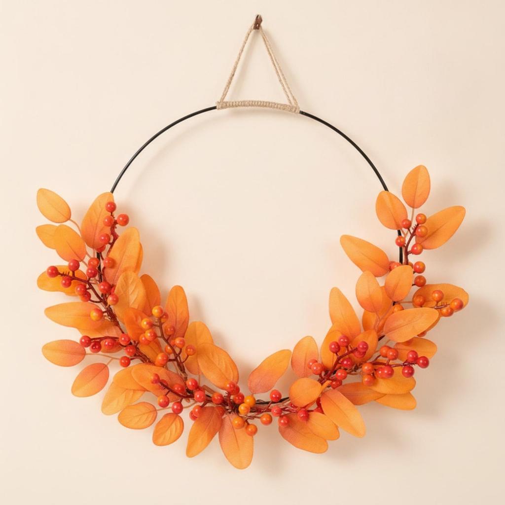 HalfWreath Artificial Wreath with Metal Hoop Seasonal Decor for Door, Thanksgiving, Entryway
