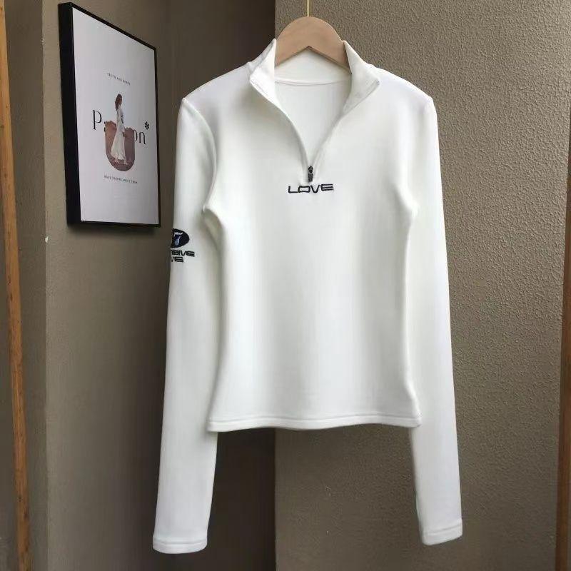 

Женская футболка с длинным рукавом Осенняя Сексуальная Приталенная Воротник-стойка Молния Двусторонняя Флисовая Базовая Рубашка L белый