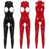 Dame Open Cups Catsuit glanset skinn, skrittløs bodysuit Mock Neck Ermeløs Skinny Jumpsuits Clubwear
