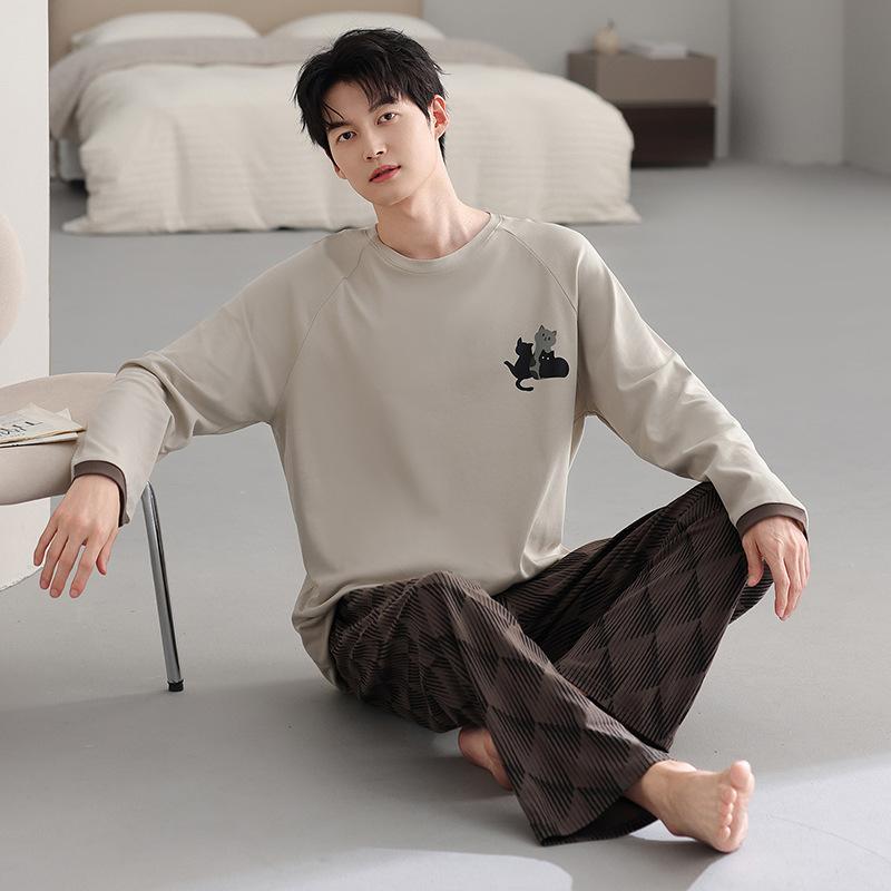 Spring And Autumn Pajamas Men'S Pure Cotton Long-Sleeved Pullover Can Be Worn Outside Autumn And Winter Men'S Casual Loose Plus Size Loungewear