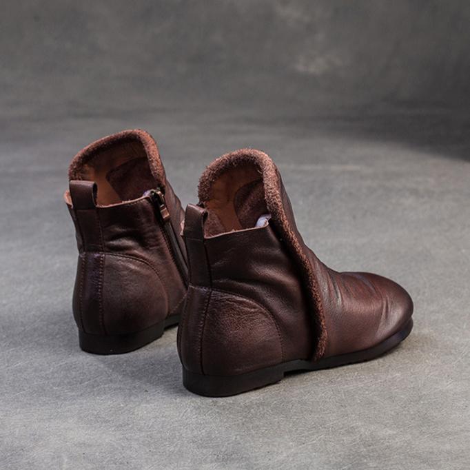 Johnature Echtes Leder Plissee Flache Kurze Stiefel Bequeme weiche Sohle Retro Damenschuhe