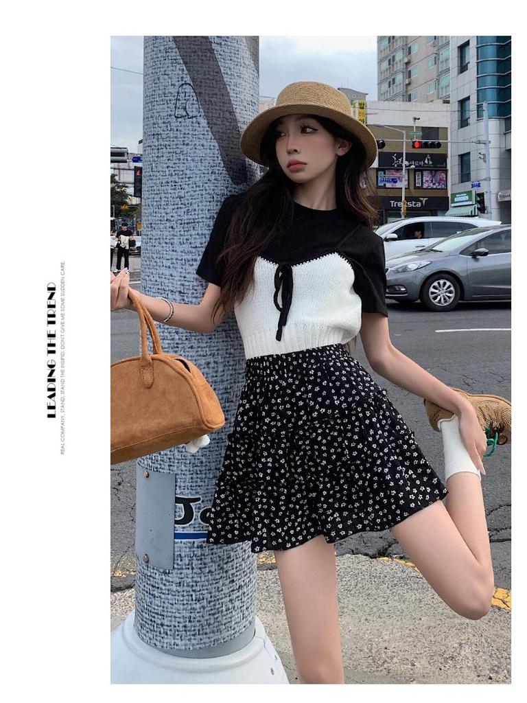 Women's French Floral A-line Cake Skirt - Summer Korean Style, High Waist, Slimming, Elastic Waist, Petite Half Skirt