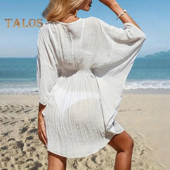 Cover Up Dress V-Neck Batwing Sleeve Hollow Pattern Neckline Bikini Swimsuit Cover Up with Elastic Waist Summer Outdoor Wear